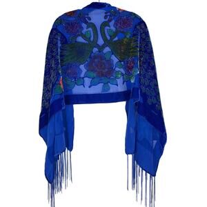 Vintage Bright Electric Blue Peacock Sheer Velvet Fringe Womens Scarf Shawl